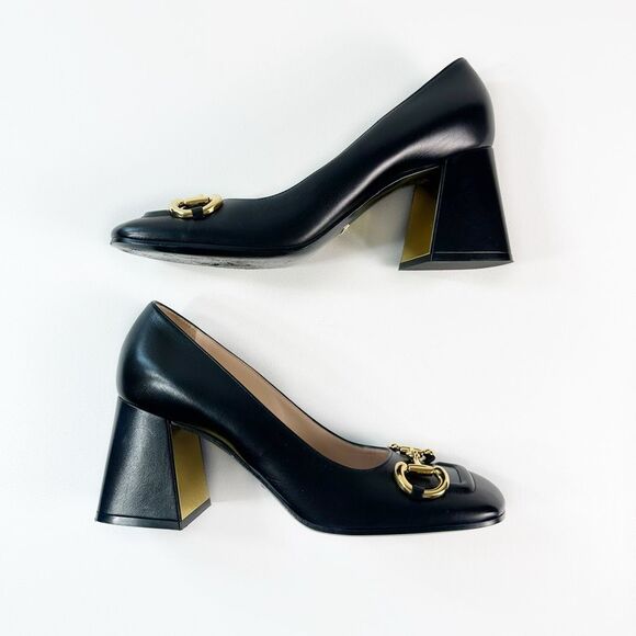 GUCCI Black Baby Bit Horsebit Square Toe Pump Size 40 US 10 Leather Block Heel - Picture 8 of 14